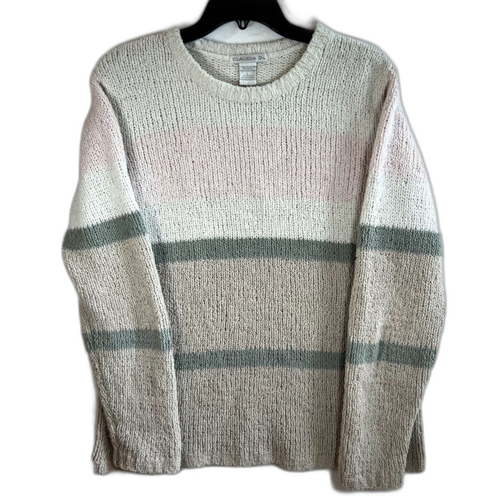Claudia D. Pullover Sweater Women's L Grandma, Granny, Cottage, Fluffy Striped